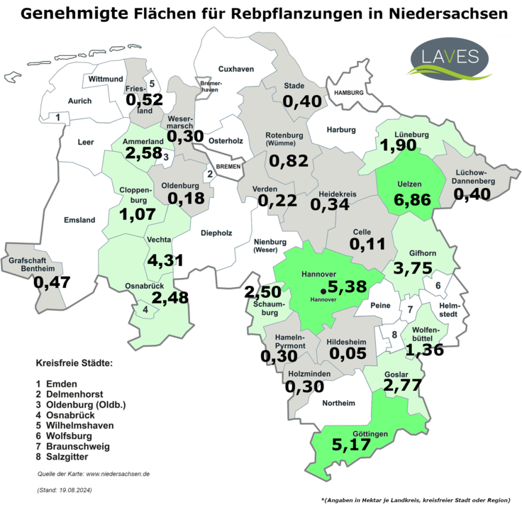 Übersicht genehmigte Flächen Weinbau in Niedersachsen (2024)