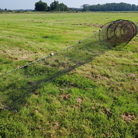 Fischreuse mit Leitnetz zur Ansicht auf Wiese